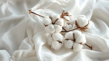 Obraz na płótnie Canvas Elegant Cotton Bolls on White Fabric. Soft cotton bolls resting on delicate white cotton fabric, symbolizing natural fibers and purity.