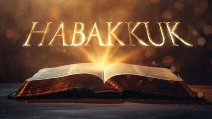 Book of Habakkuk. Open bible revealing the name of the book of the bible in a epic cinematic presentation. Ideal for slideshows, bible study, banners, landing pages, religious cults and more - obrazy, fototapety, plakaty