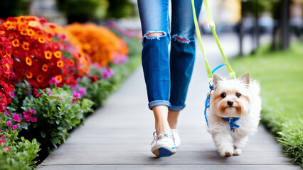 Girl walking her dog along a garden path on a hand leash. - obrazy, fototapety, plakaty