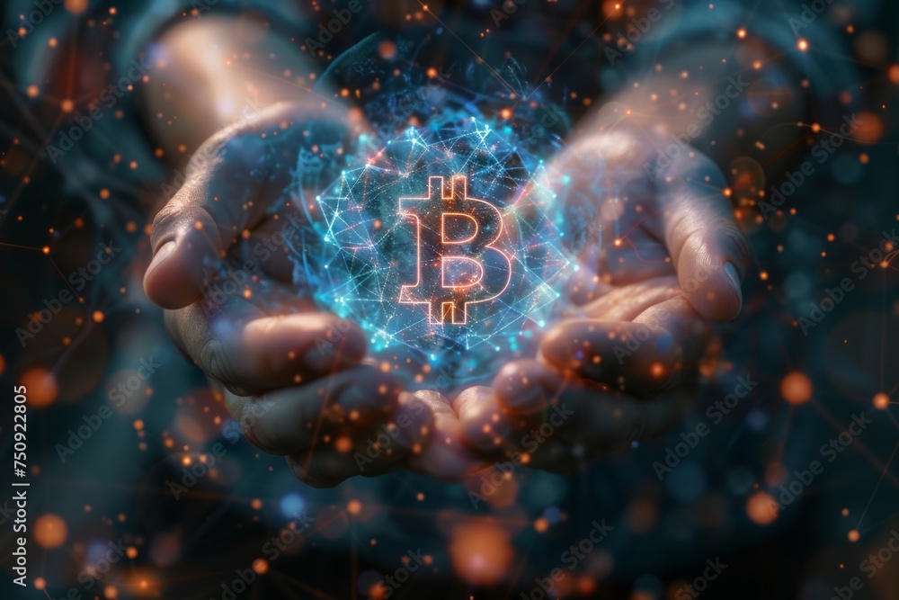 Poster hands holding a holographic bitcoin symbol with digital data background.