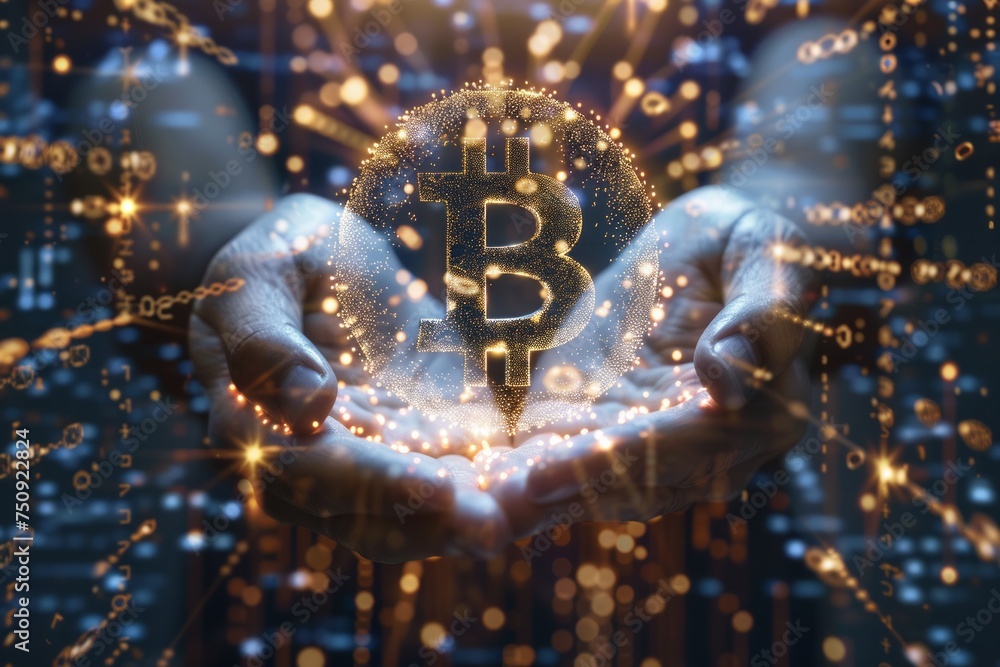 Poster hands holding a holographic bitcoin symbol with digital data background.