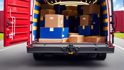 Delivery transport truck with packed cardboard boxes delivering orders.