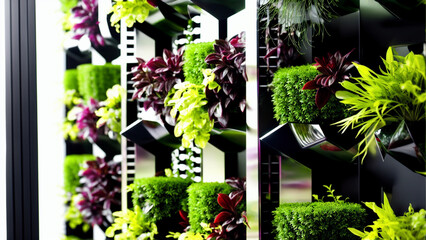 Beautiful and modern vertical garden with different types of plants in an ecological building.