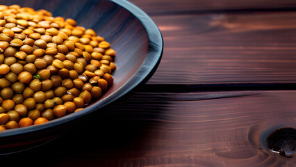 Prepared dish of lentils on a dark wooden table.