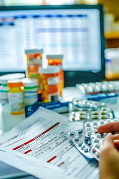 D&eacute;livrance des m&eacute;dicaments &agrave; la pharmacie avec contr&ocirc;le sur l'ordinateur