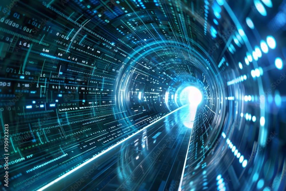 Poster cybernetic tunnel with digital data streaming towards a vanishing point with blue light.