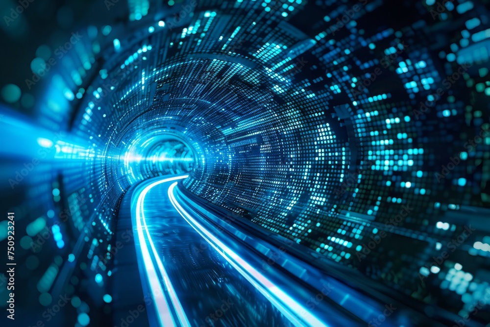Aufkleber cybernetic tunnel with digital data streaming towards a vanishing point with blue light.