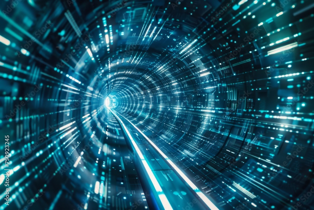 Aufkleber cybernetic tunnel with digital data streaming towards a vanishing point with blue light.