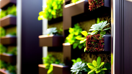 Beautiful and modern vertical garden with different types of plants and flowers in an ecological building.