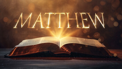 Book of Matthew. Open bible revealing the name of the book of the bible in a epic cinematic presentation. Ideal for slideshows, bible study, banners, landing pages, religious cults and more.