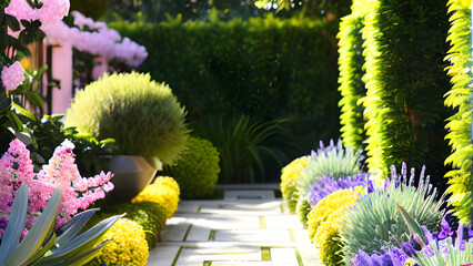 Nice and modern sunny garden with different types of flowers and plants, pink and violet plants separated by a corridor.