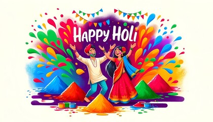 Illustration celebrating the holi with two joyful indian characters.