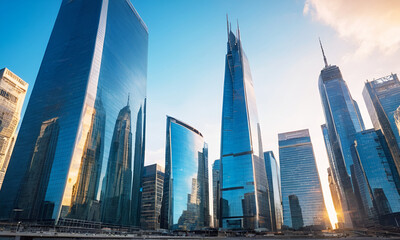 Obraz premium Ai Generate, modern skyscrapers in a futuristic financial district with reflections, set against a blue background for a corporate and business template, with warm sun rays of light.