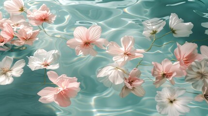 a group of pink and white flowers floating on top of a body of water with ripples of water behind them.