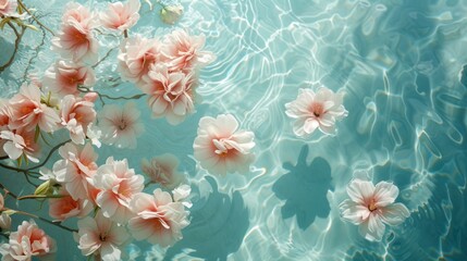 a group of pink flowers floating on top of a body of water next to a lush green leaf covered tree.