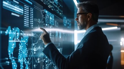 A senior data analyst focuses on interpreting complex data visualizations displayed on high-tech digital screens. AIG41