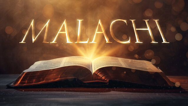 Book of Malachi. Open bible revealing the name of the book of the bible in a epic cinematic presentation. Ideal for slideshows, bible study, banners, landing pages, religious cults and more