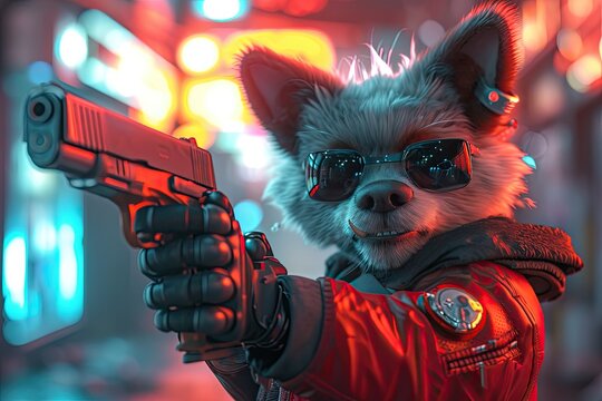 little cute dog cyberpunk shooter soldier holding gun prepare to shoot enemies in cyberpunk city