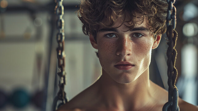 fitness day , Close up of young muscular model man Concentrated strong athletic man in gym , 