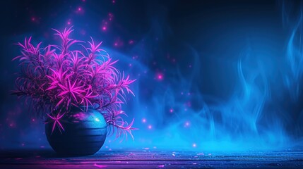 a potted plant sitting on top of a wooden floor in front of a blue and purple background with stars.
