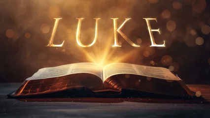 Foto op Canvas Book of Luke. Open bible revealing the name of the book of the bible in a epic cinematic presentation. Ideal for slideshows, bible study, banners, landing pages, religious cults and more. © ana