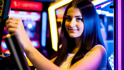 Young girl playing on the machines in an arcade game room.