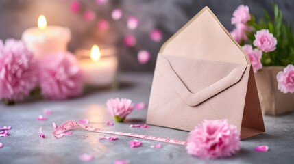 a pink envelope sitting next to a candle and pink carnations with a pink ribbon in front of it.