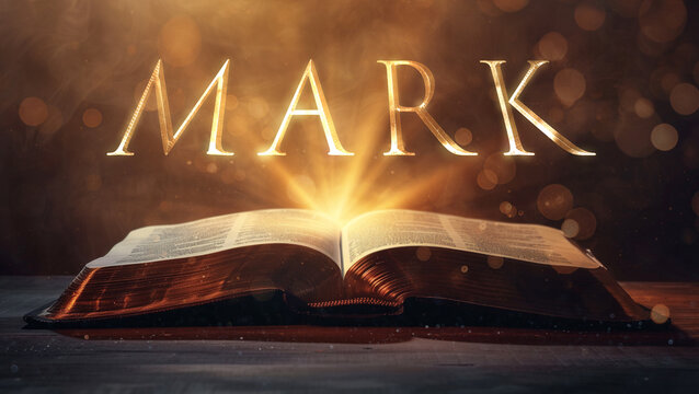 Book of Mark. Open bible revealing the name of the book of the bible in a epic cinematic presentation. Ideal for slideshows, bible study, banners, landing pages, religious cults and more.