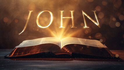 Book of John. Open bible revealing the name of the book of the bible in a epic cinematic presentation. Ideal for slideshows, bible study, banners, landing pages, religious cults and more.