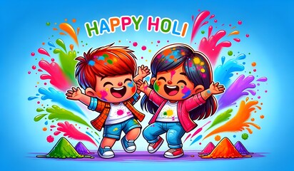 Happy holi card illustration with two cheerful characters playing with colorful powder.