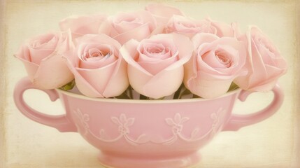 a pink cup filled with pink roses sitting on top of a white table next to a white and beige wall.
