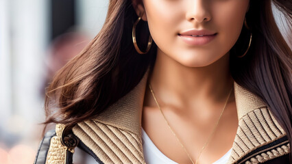 Beautiful smiling model with straight brown hair and brown jacket, necklace and earrings.