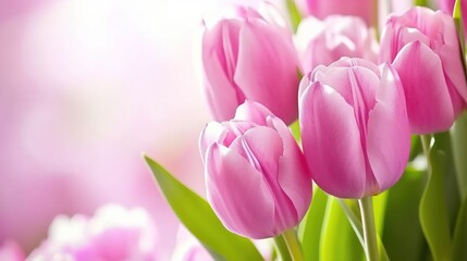 Obraz premium a bunch of pink tulips with green leaves in the foreground and a pink and white blurry background.