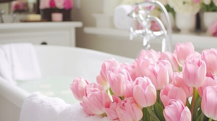 a bunch of pink tulips sitting in a bathtub with a white towel on the edge of the tub.