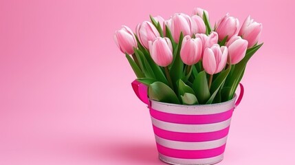 a bunch of pink tulips in a pink and white striped bucket on a pink and white striped background.