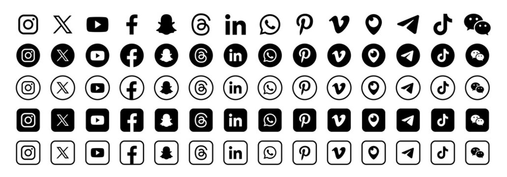 Social media logotype set. Facebook Instagram X Twitter Youtube Threads Snapchat Whatsap Pinterest Linkedin Vimeo Tiktok Periscope Behance Reddit logo set. Social network icons collection