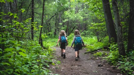 Naklejka na ściany i meble Kids taking a nature hike through a lush forest, exploring the beauty of the outdoors. The trail lead to a serene clearing