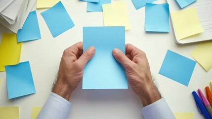 a person holding a piece of blue paper in front of a pile of yellow and blue post - it notes.