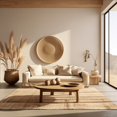 A modern living room with a natural wood center table, a jute rug, and a rattan loveseat