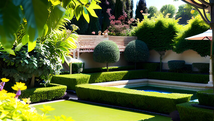 Nice background with a very well kept and trimmed garden with trees and hedges, plants and flowers on a sunny day, fountain with swimming pool.