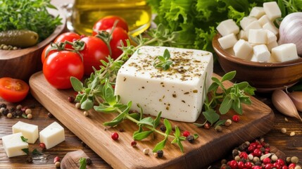 a cutting board topped with a block of tofu next to a bowl of vegetables and a bowl of olives.