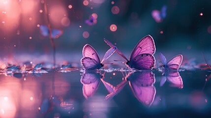 a couple of purple butterflies floating on top of a body of water next to a purple and blue background with drops of water.
