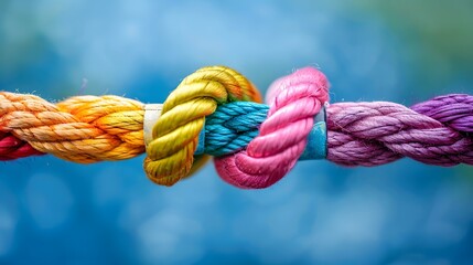 Team rope diverse strength connect partnership together teamwork unity communicate support. Strong diverse network rope team concept integrate braid color background cooperation empower power.Team rop