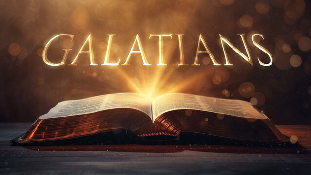 Book of Galatians.  Open bible revealing the name of the book of the bible in a epic cinematic presentation. Ideal for slideshows, bible study, banners, landing pages, religious cults and more.