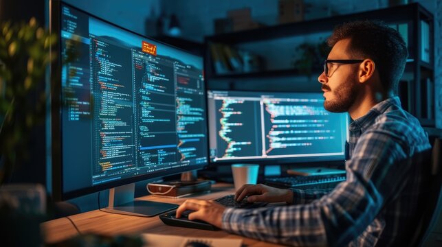 A software developer works on code late into the night, illuminated by the glow of multiple computer screens in a modern office. AIG41