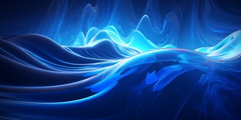 Brilliant neon blue 3D waves reflecting off a polished surface, shimmering with light.
