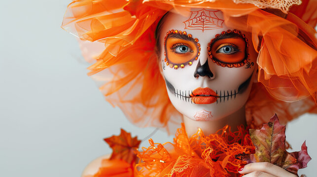Halloween concept, Closeup portrait creative halloween makeup skull style painted with orange black paints on beautiful model woman face. 