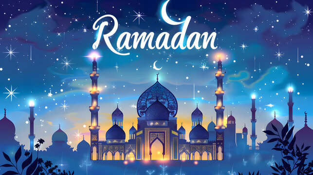 Ramadan Mosque Night Sky Illustration