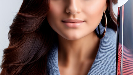 Beautiful smiling model with straight brown hair, gray jacket and earrings.