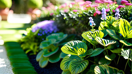 Nice background of a garden with corridor, different plants and flowers on a sunny day.